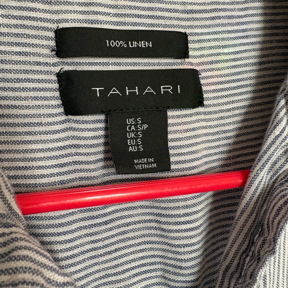 Tahari Shirt Dress Womens SM Blue White Striped 100% Linen Button Front Collared - Picture 3 of 4